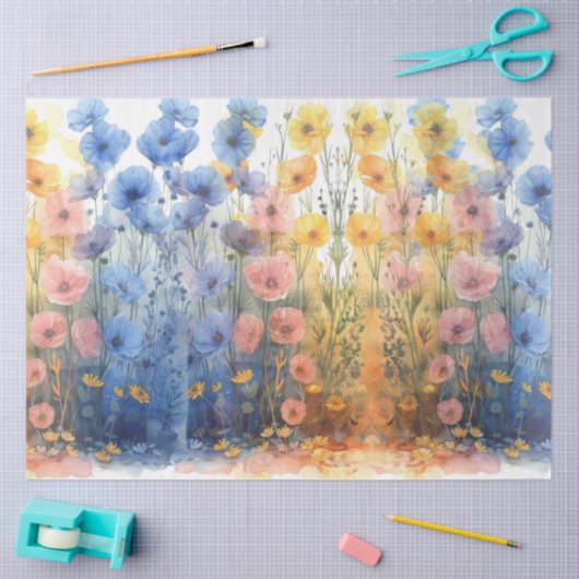 Decoupage Waterverf Poppies blauw & geel Tissuepapier (Craft)