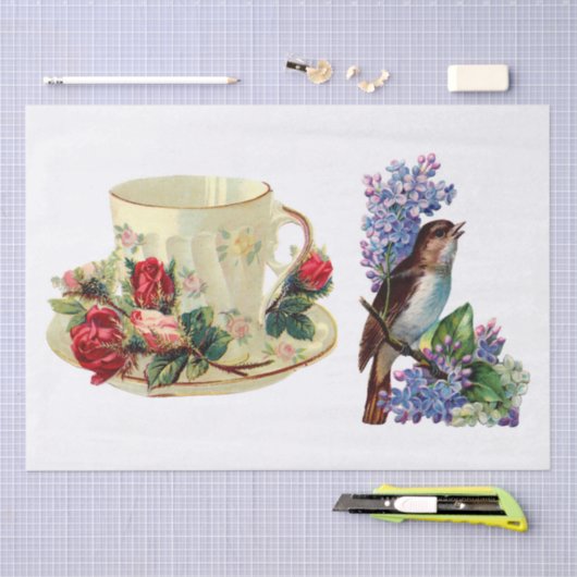 DECOUPAGE WEEFSELPAPIER:  TEACUP EN VOGELPAPIER TISSUEPAPIER (Craft)