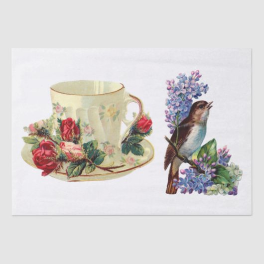DECOUPAGE WEEFSELPAPIER:  TEACUP EN VOGELPAPIER TISSUEPAPIER (Voorkant)