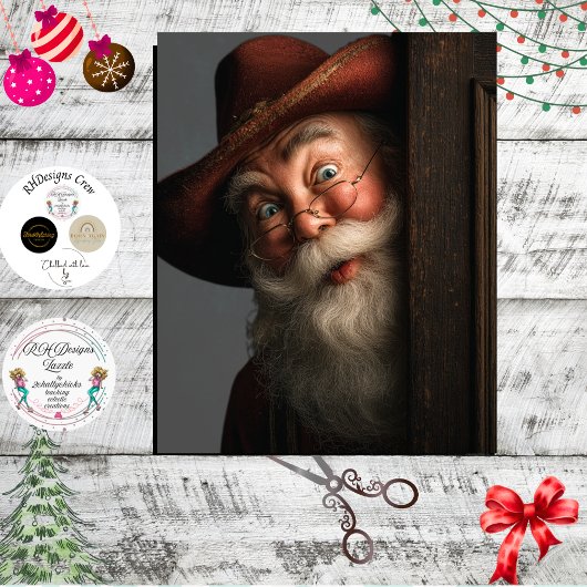 Decoupage Western Peeking Santa Clause Cowboy Hat  Tissuepapier