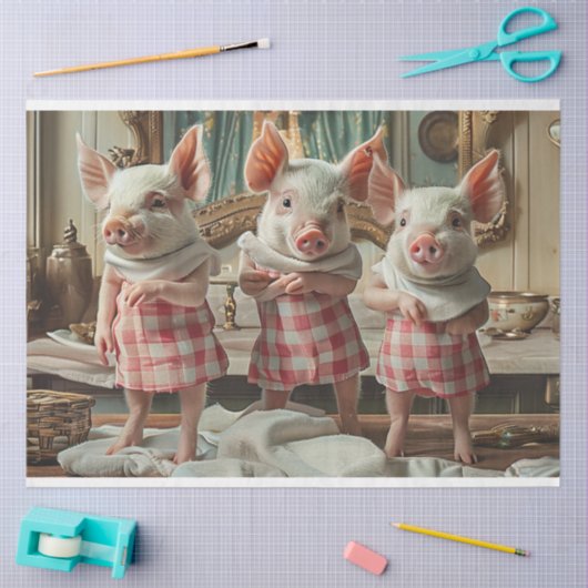 Decoupage Whimsical 3 Varkens Geruite Jurken Tissuepapier (Craft)