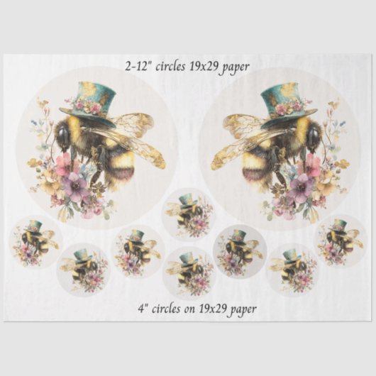 Decoupage Whimsical Bee 12" Rounds 4" Coasters  Tissuepapier (Voorkant)