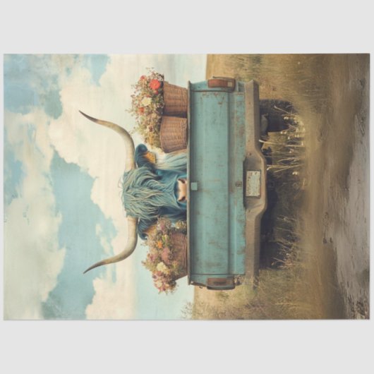 Decoupage Whimsical Blue Haired Highland Koe Truck Tissuepapier (Voorkant)