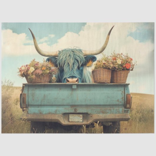 Decoupage Whimsical Blue Highland Truck Flowers Tissuepapier (Voorkant)