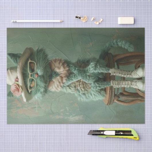 Decoupage Whimsical Cat Rustin Stool  Tissuepapier (Craft)