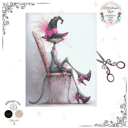 Decoupage Whimsical Cat Witch High Heels Catwalk Tissuepapier