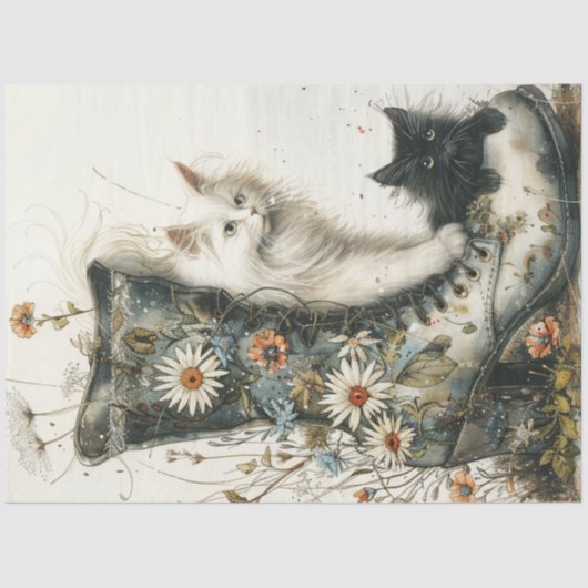 Decoupage Whimsical Cats &  Boot Flowers Tissuepapier (Voorkant)
