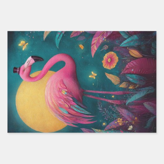 Decoupage Whimsical Flamingo Moon Blauwgroen Pinks Inpakpapier Vel (Voorkant 3)