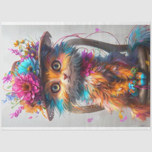 Decoupage Whimsical Floral Feline Fantasy Cat Tissuepapier (Voorkant)