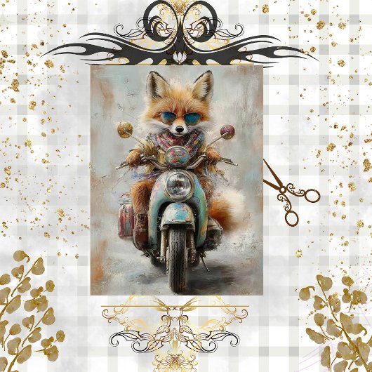 Decoupage Whimsical Fox Riding Motorcycle Tissuepapier