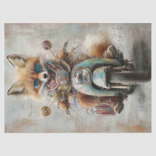 Decoupage Whimsical Fox Riding Motorcycle Tissuepapier (Voorkant)