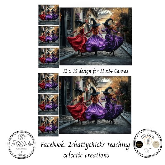 Decoupage Whimsical Halloween Witches 11x14 Canvas Tissuepapier