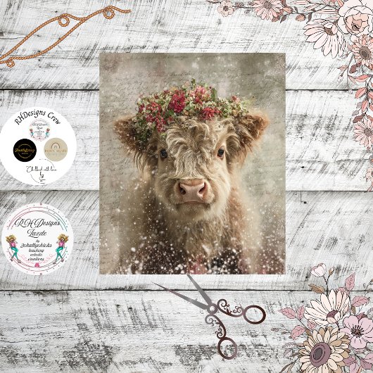 Decoupage Whimsical Highland Calf Floral Crown  Tissuepapier