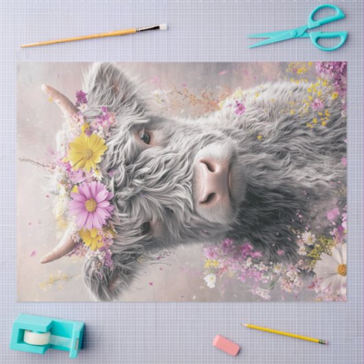 Decoupage Whimsical Highland Koe Bloemenkroon Tissuepapier (Craft)