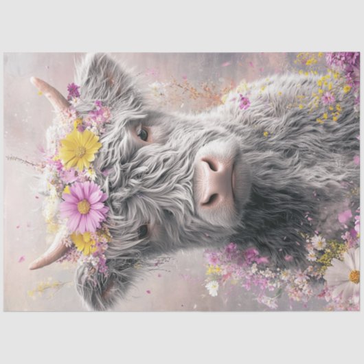 Decoupage Whimsical Highland Koe Bloemenkroon Tissuepapier (Voorkant)