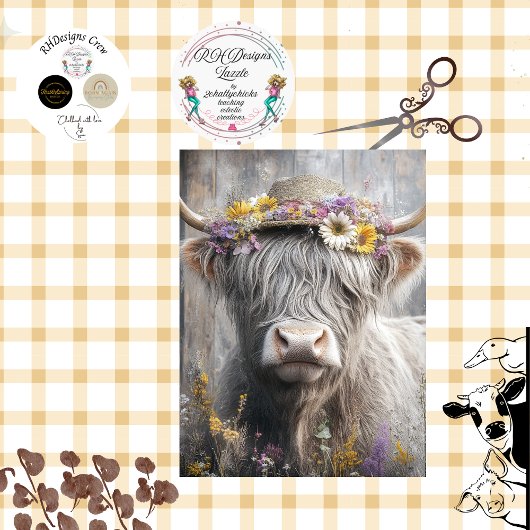 Decoupage Whimsical Highland Koe Flower Pet Tissuepapier