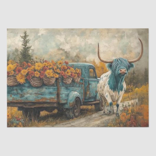 Decoupage Whimsical Highland Longhorn & Flowers Tissuepapier (Voorkant)