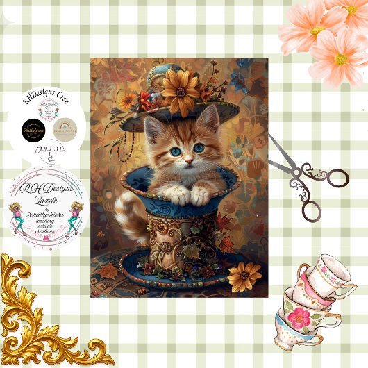 Decoupage Whimsical Kitten Ornate Teacup  Tissuepapier