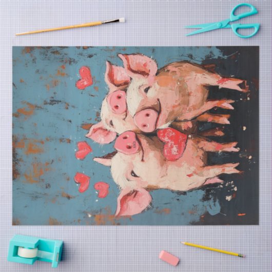 Decoupage Whimsical Painting Valentijn 3 Pigs Tissuepapier (Craft)
