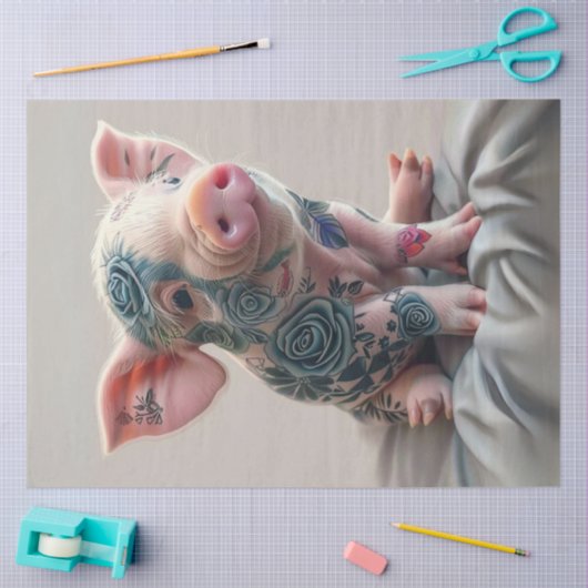 Decoupage Whimsical Piglet Flower Tattoo Tissuepapier (Craft)
