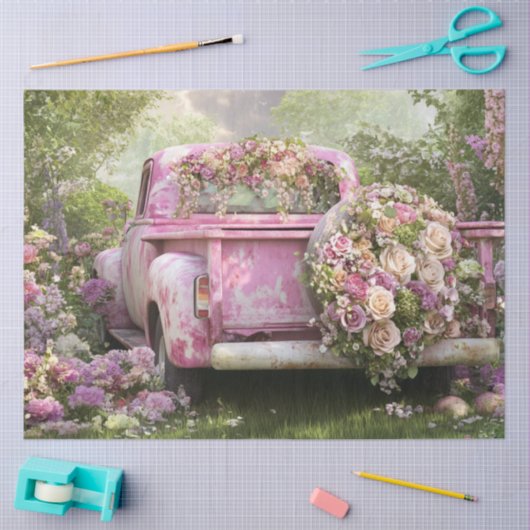 Decoupage Whimsical Pink  Truck & Flowers Tissuepapier (Craft)
