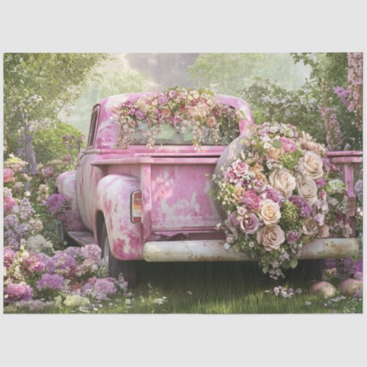 Decoupage Whimsical Pink  Truck & Flowers Tissuepapier (Voorkant)