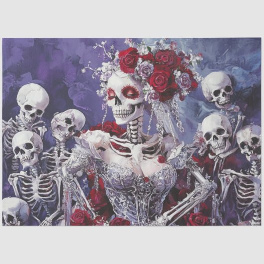Decoupage Whimsical Skeleton Dancing Zilveren Jurk Tissuepapier (Voorkant)