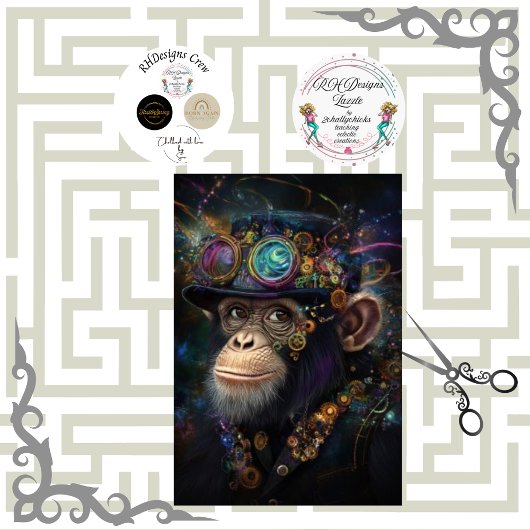 Decoupage Whimsical Steampunk Monkey Vibrant Color Tissuepapier