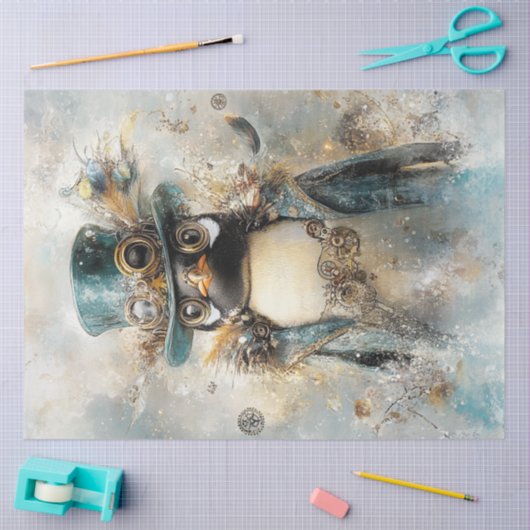 Decoupage Whimsical Steampunk Penguin Teals Tissuepapier (Craft)