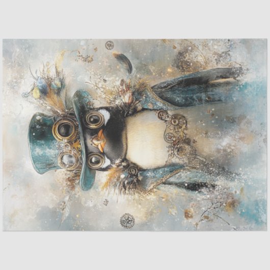 Decoupage Whimsical Steampunk Penguin Teals Tissuepapier (Voorkant)