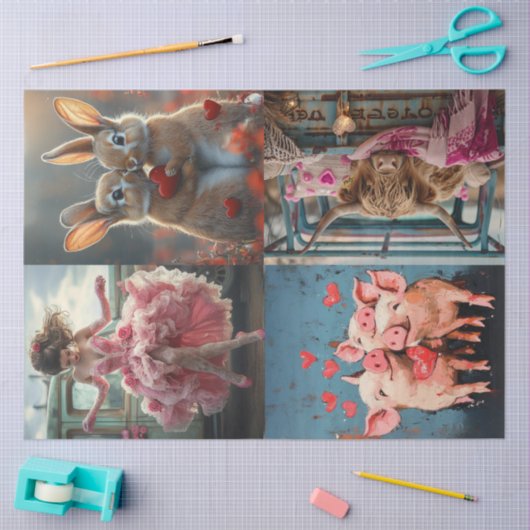 Decoupage Whimsical Valentijn Rabbits Pigs Koe Tissuepapier (Craft)