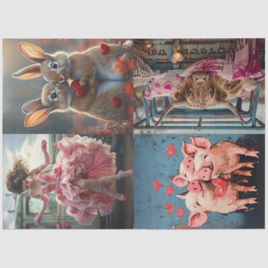 Decoupage Whimsical Valentijn Rabbits Pigs Koe Tissuepapier (Voorkant)