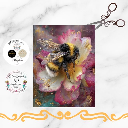Decoupage Whimsical Vibrant Bumble Bee Pink Flower Tissuepapier