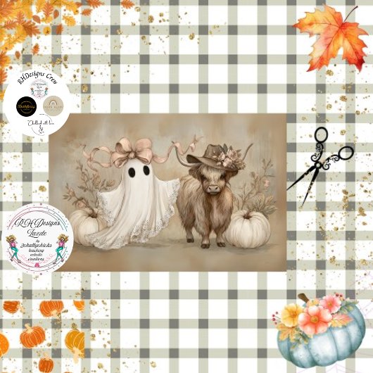 Decoupage Whimsical White Ghost & Highland Koe Tissuepapier