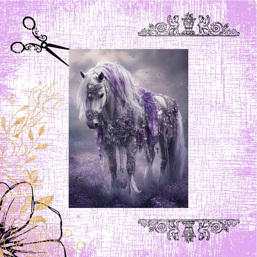 Decoupage Whimsical White Horse Paarse & Zilver Tissuepapier