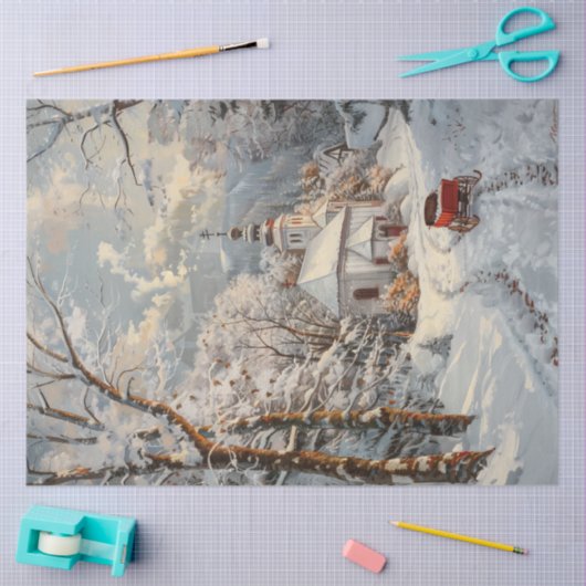 Decoupage Whimsical Winter Church Red Wagon Tissuepapier (Craft)