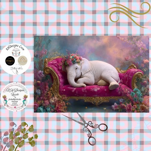 Decoupage Whimsical Witte Olifant Chaise Longue  Tissuepapier