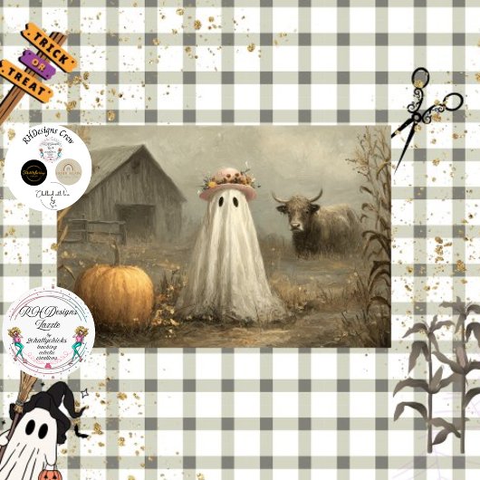 Decoupage Whimsy Ghost & Highland Koe Halloween Tissuepapier