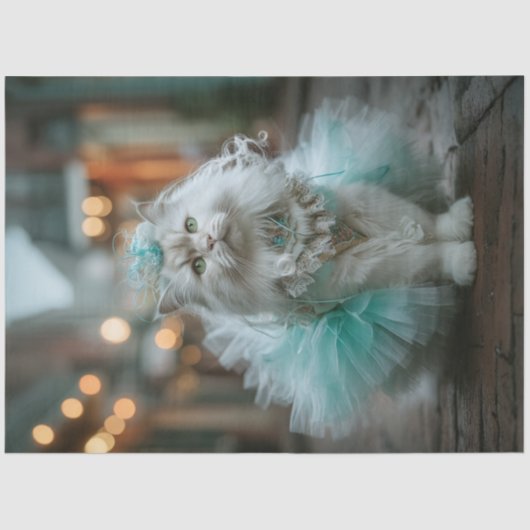 Decoupage White Feline Cat Teal Tutu Walking Tissuepapier (Voorkant)