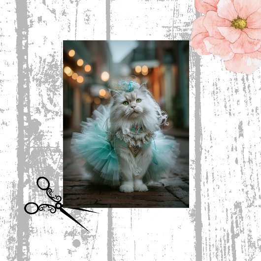 Decoupage White Feline Cat Teal Tutu Walking Tissuepapier