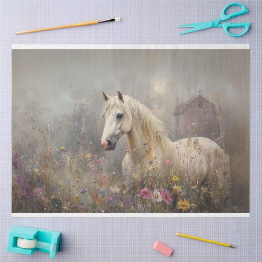 Decoupage White Horse Wildflower Field Tissuepapier (Craft)