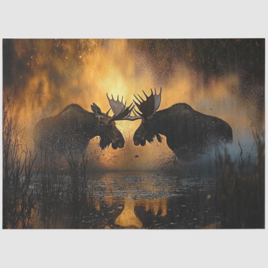 Decoupage Wildlife 2 Moose Fighting Sunset Scene Tissuepapier (Voorkant)