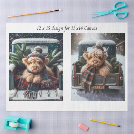 Decoupage Winter Highland Cow 11x14 Canvas Tissuepapier (Craft)