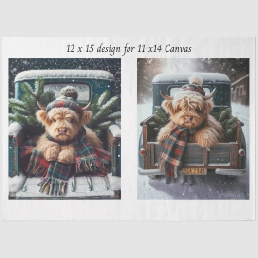 Decoupage Winter Highland Cow 11x14 Canvas Tissuepapier (Voorkant)