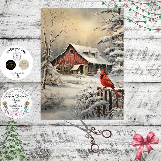 Decoupage Winter Scene Red Barn Cardinal Snow  Tissuepapier