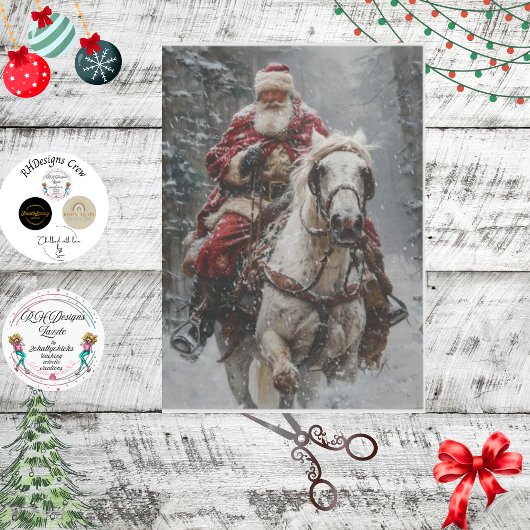 Decoupage Winter Wonderland Santa Riding Horse Tissuepapier
