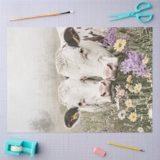 Decoupage Witte Koeien in Field Wildflowers Tissuepapier (Craft)