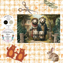 Decoupage Woodland Bear Family Twin Cubs Vintage Tissuepapier