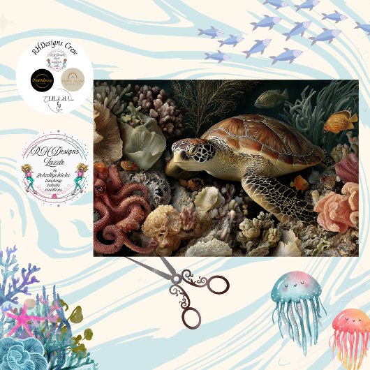 Decoupage Zeeschildpad Octopus Koraal Kunst Tissuepapier