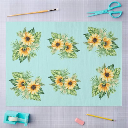 Decoupage Zonnebloemen op Blauwgroen achtergrond Tissuepapier (Craft)
